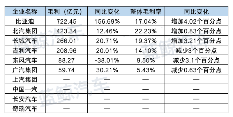 2022年自主车企毛利（根据企业官方信息整理，横线处代表数据尚未发布）