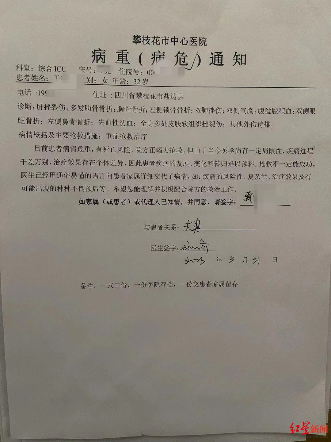 张先生妻子的病危通知书