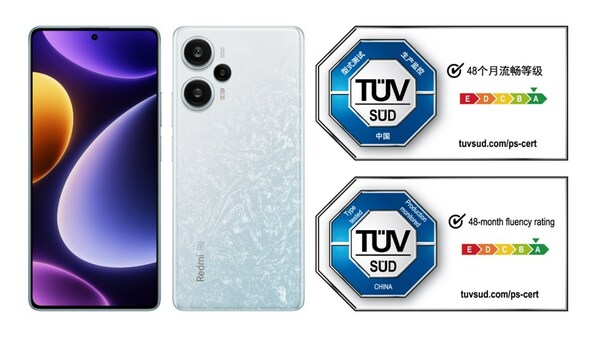 　　左图：Redmi Note 12 Turbo; 右图：TUV南德48个月流畅度A等级中国认证标志