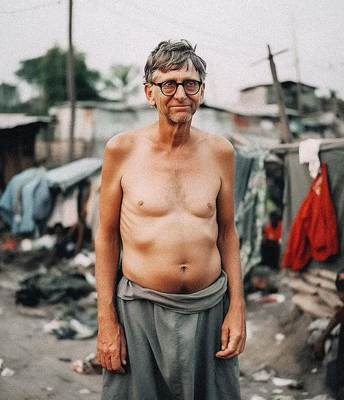 印度数字艺术家戈库尔·皮莱借助AI技术将比尔·盖茨等全球知名富豪的形象，放置在贫民窟背景中。图源：外媒