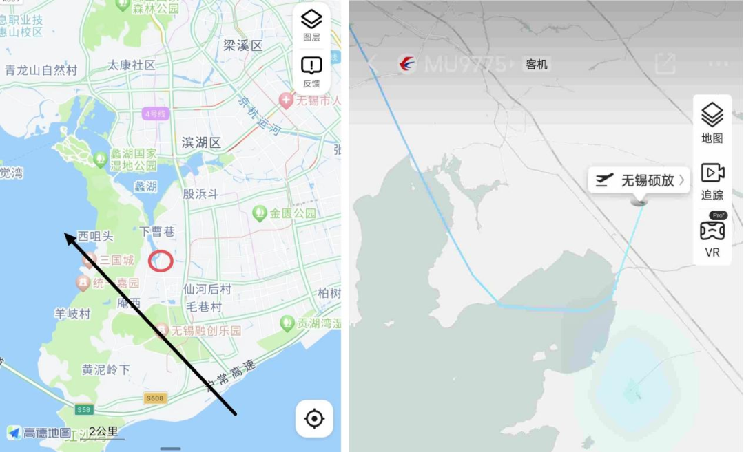 视频中无人机活动的位置（红圈）和某客机航班航线图 受访者供图