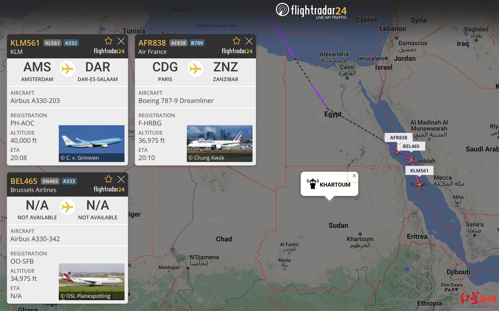  ↑飞行雷达数据显示，各国民航班机绕飞苏丹