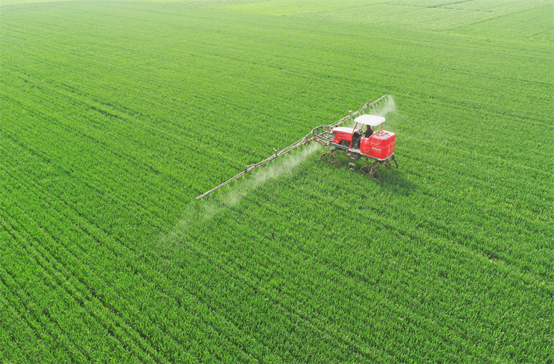 4月19日,河北省邢台市南和区河郭镇张相村农民使用农业机械在麦田喷洒