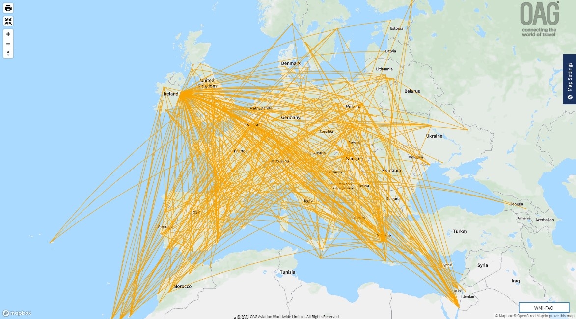 　　圖2：瑞安航空2019年航線網絡圖