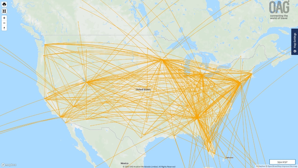 　　圖5：美國達美航空2019年國內航線網絡圖