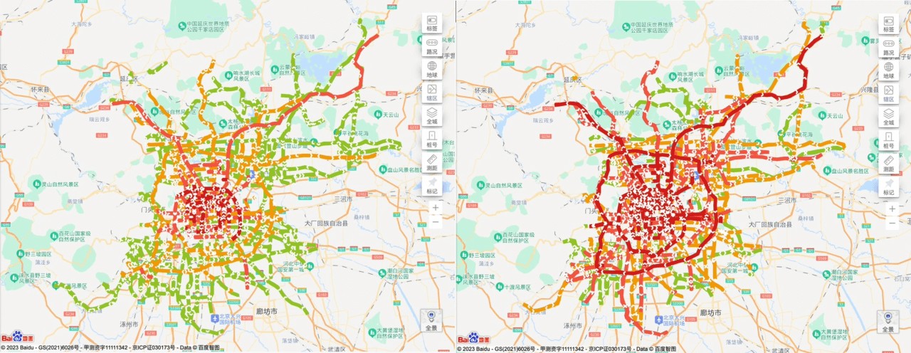 北京市4月21日与4月28日晚高峰（17：00-19：00）交通拥堵对比