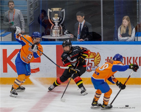 刘颖作为深圳昆仑鸿星冰球俱乐部品牌总监出席比赛现场(后排中为刘颖)