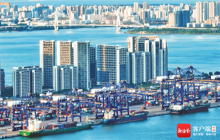 资料图:远眺繁忙的海口秀英港集装箱码头.