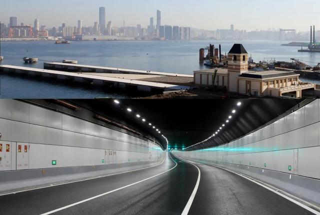 大连湾海底隧道北出入口(上图)与海底沉管行车道(下图).