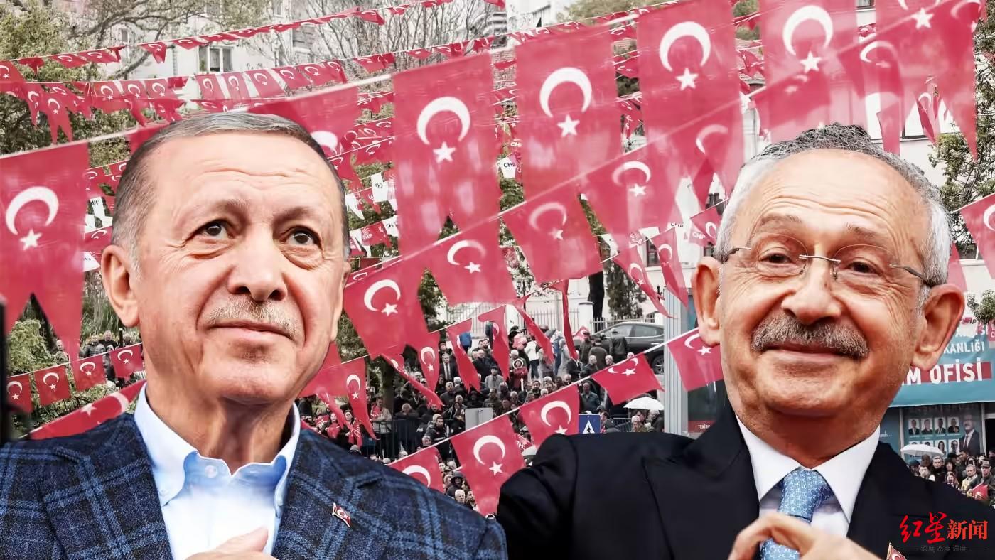 ↑土耳其总统埃尔多安（左）与反对派候选人凯末尔·克勒奇达尔奥卢（右）