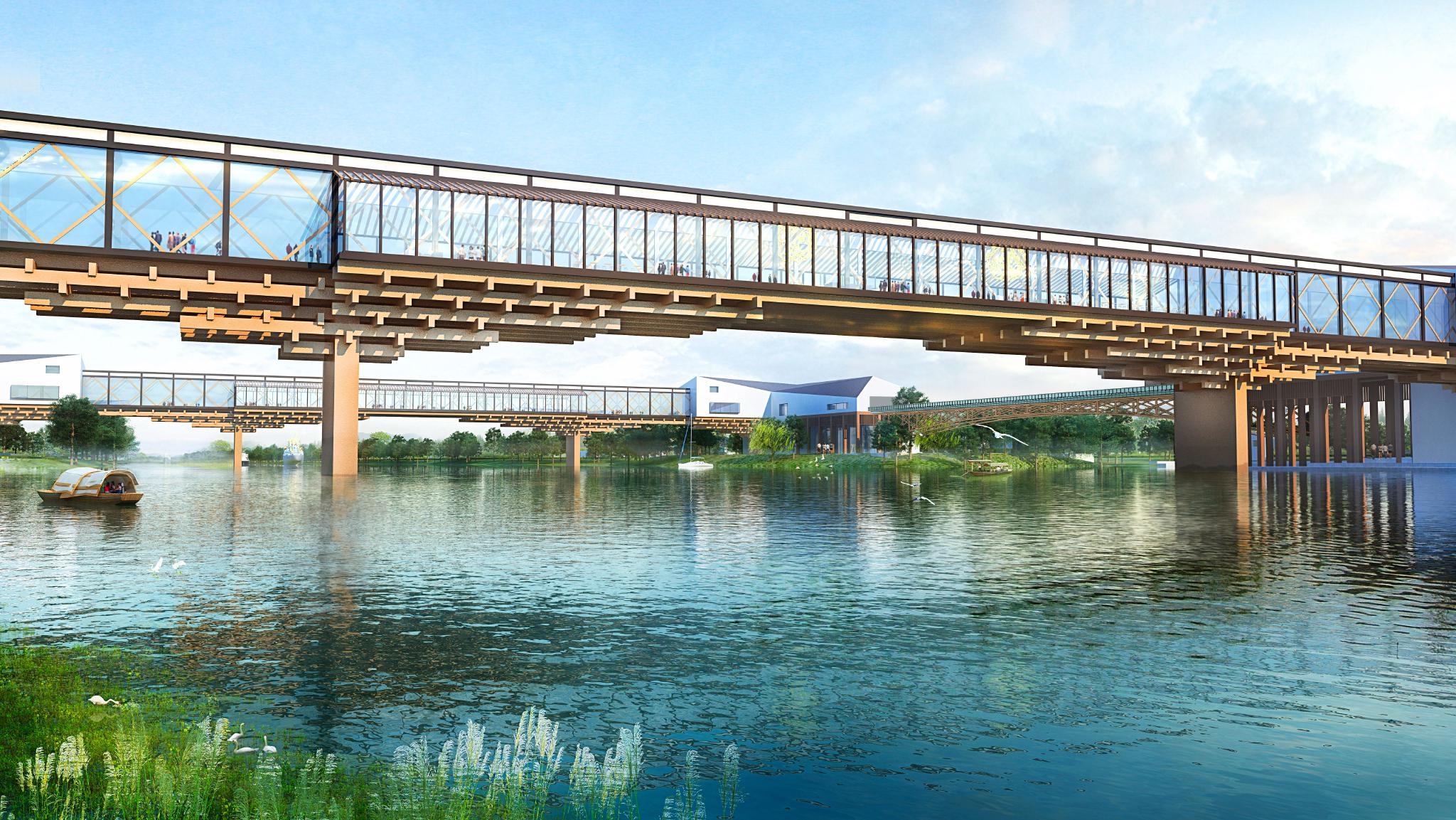 水乡客厅"一点一心"-方厅水院河上透视效果图