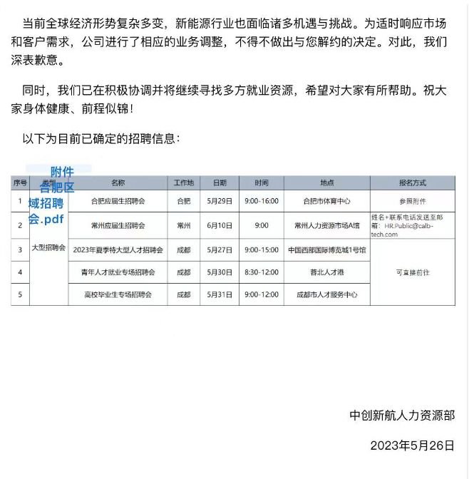 中创新航相关邮件中附带的招聘信息 