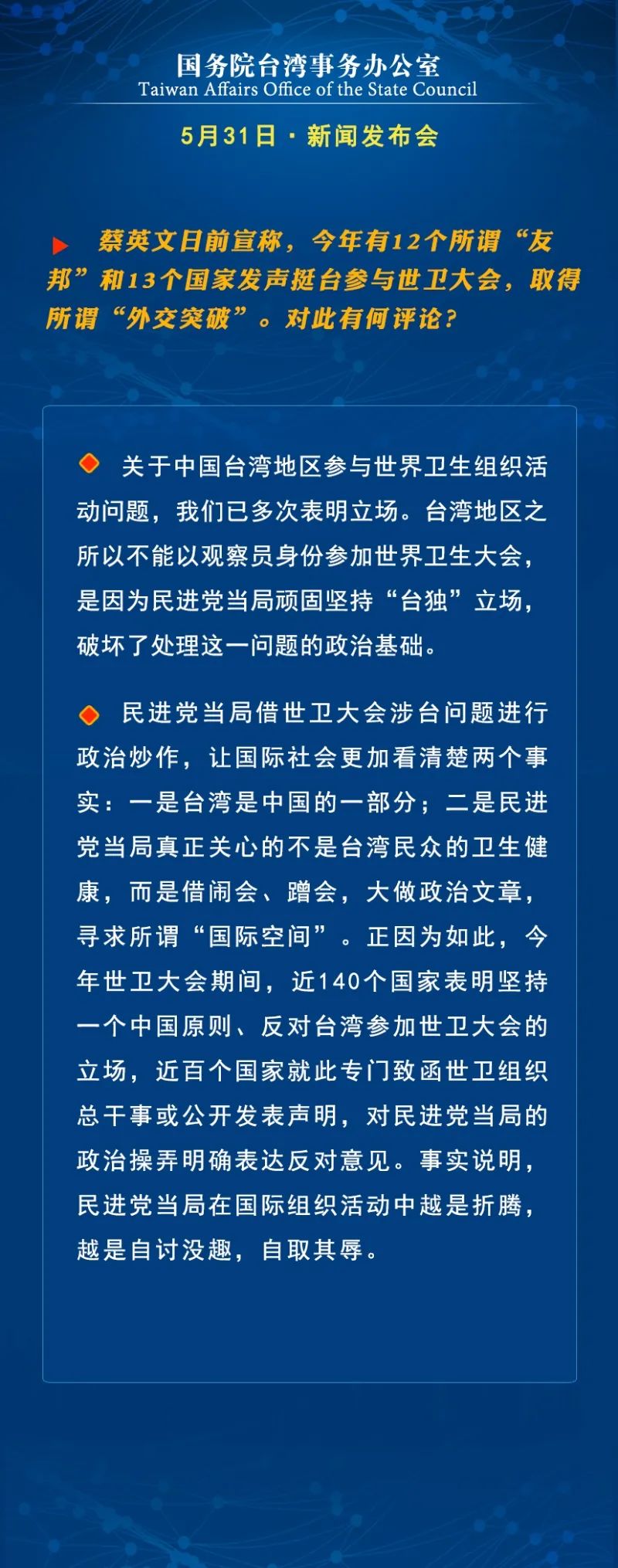 国台办5月31日新闻发布会回应近期两岸热点问题