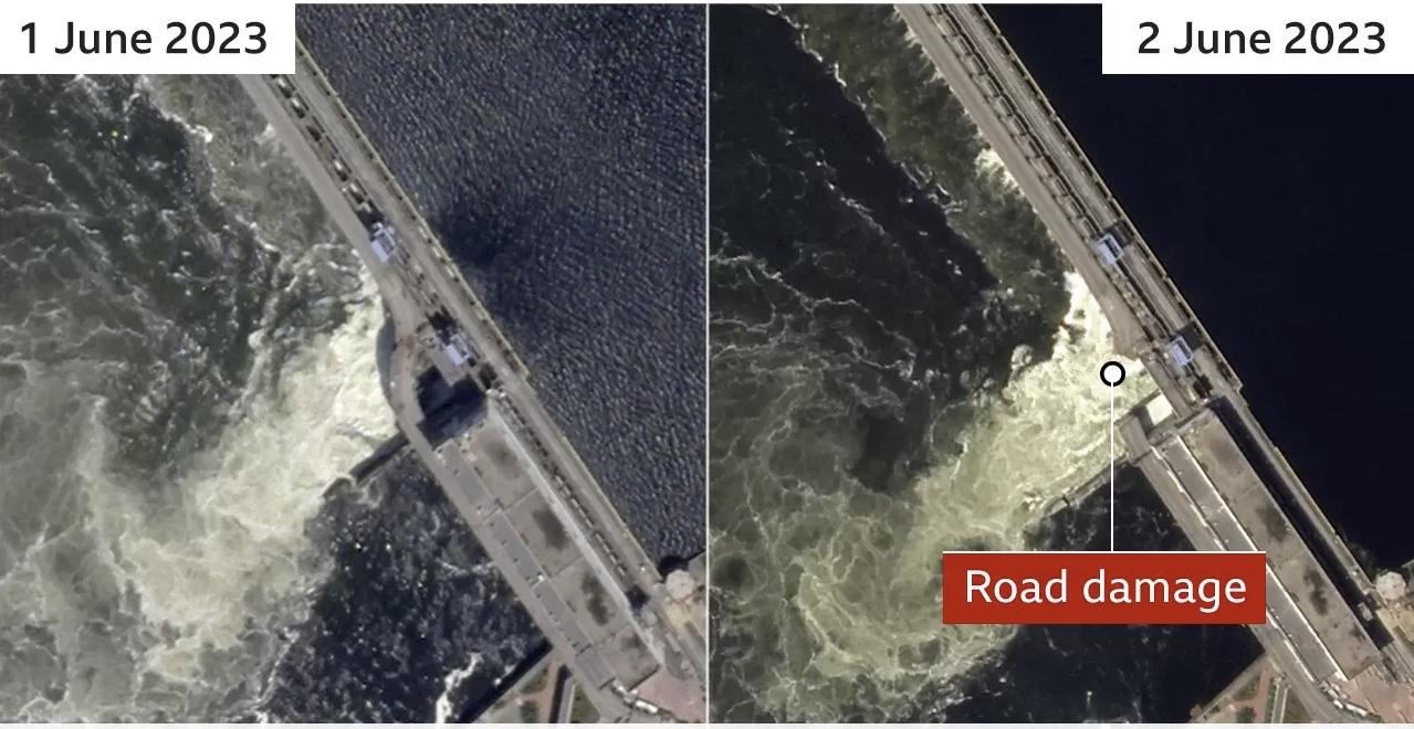 ↑卫星图像显示，溃堤数日前大坝出现部分破裂