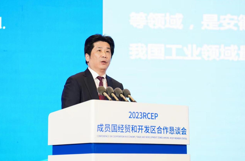 图为海螺集团党委书记,董事长杨军在会上作主题发言