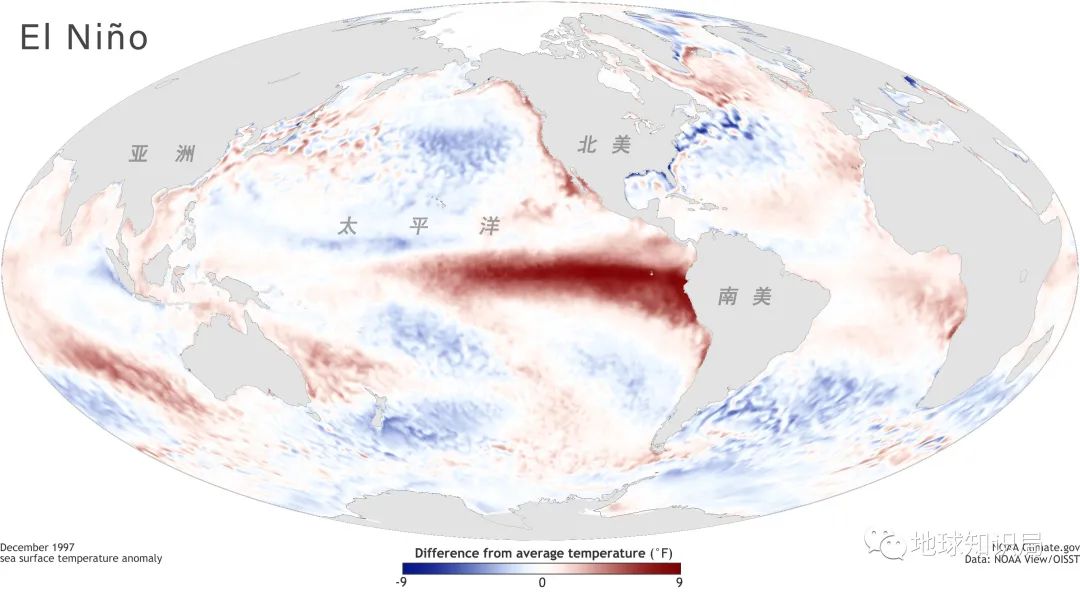 东太平洋海水相比年均值显著降温,即拉尼娜现象(图:noaa climate.