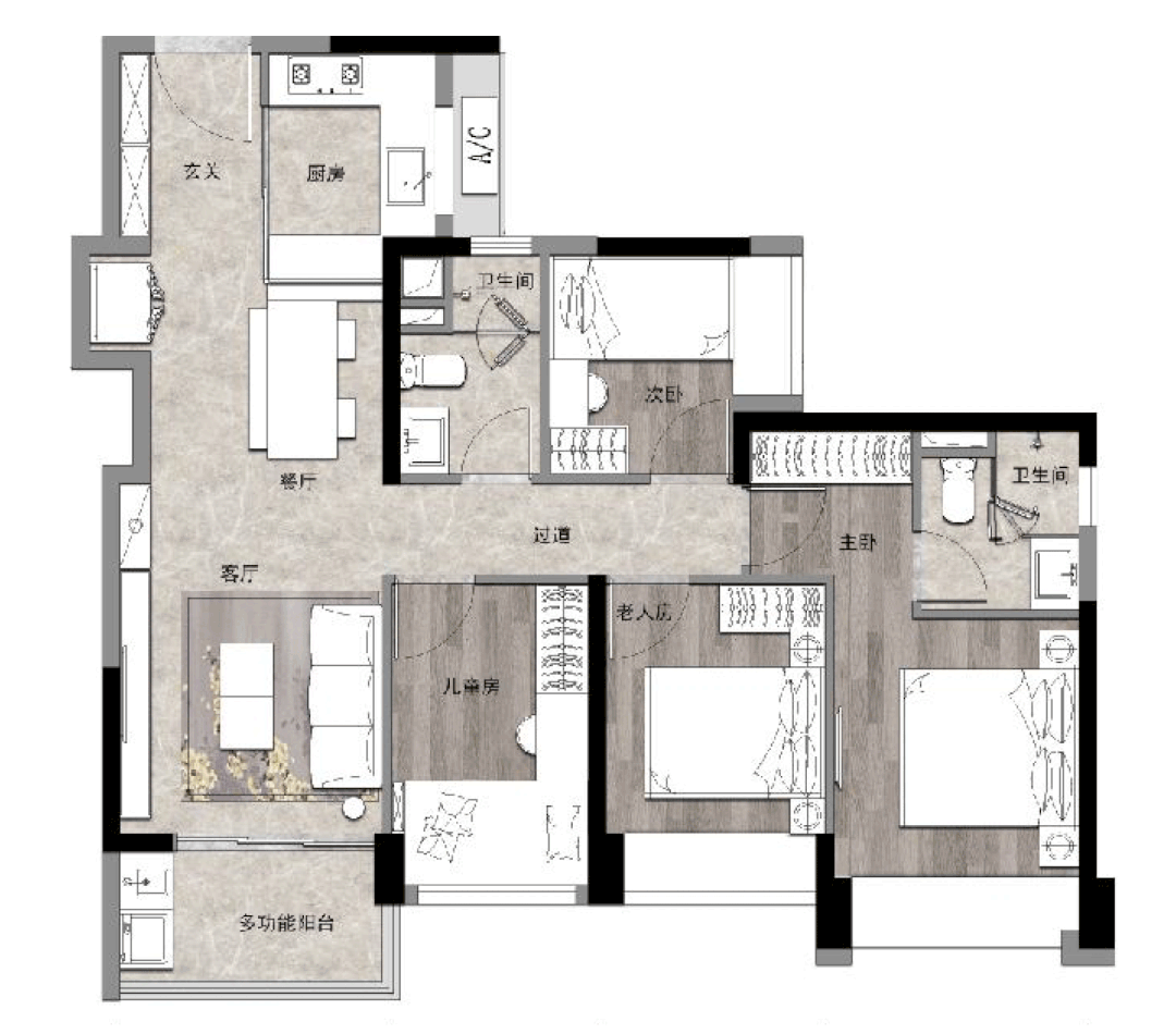 建筑面积约98㎡四房户型示意图