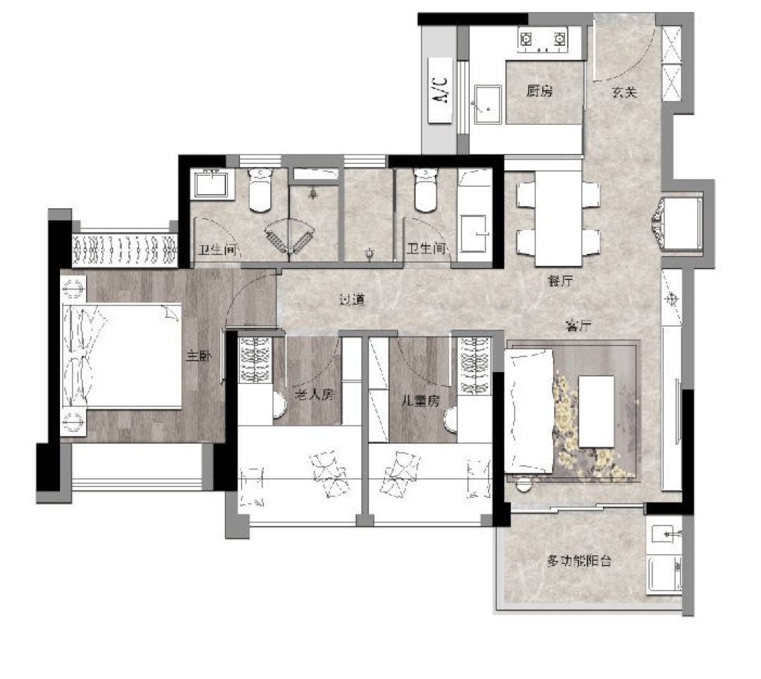 建筑面积约80㎡三房户型示意图