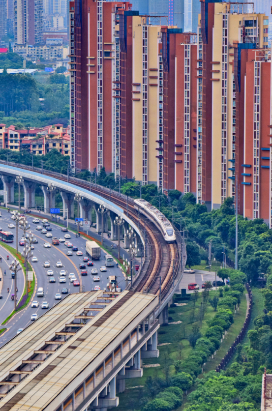 动车组穿过"城市森林",行驶在成灌铁路的铁路桥上.茅磊 摄