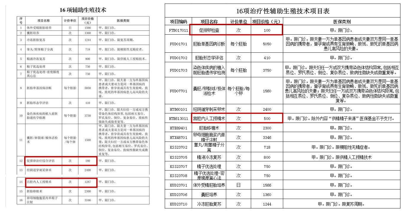 ↑两次辅助生殖技术项目清单。左据新京报，右为红星资本局制图（信息来源北京市医保局）