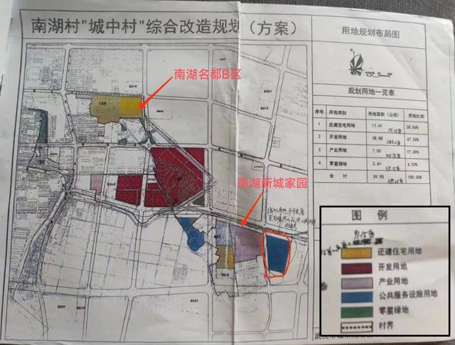 南湖村“城中村”综合改造规划方案，黄色部分为还建住宅，紫色部分为产业用地。 受访者供图