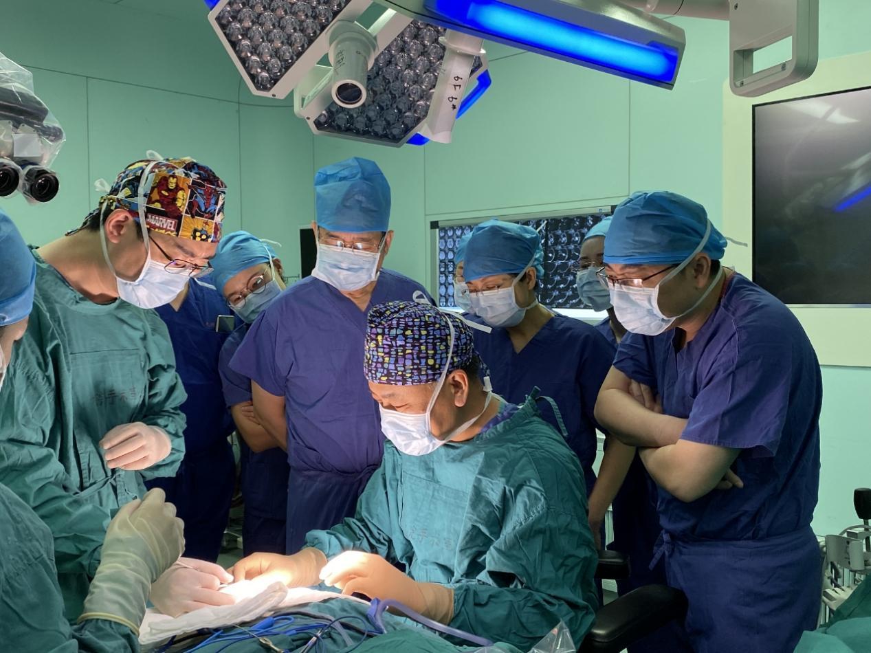 吴皓在为医生们演示侧颅底肿瘤手术路径