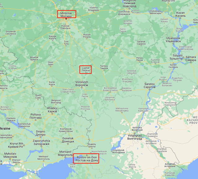 自上而下，红框方位折柳为莫斯科、利佩茨克、顿河边罗斯托夫 图源：谷歌舆图