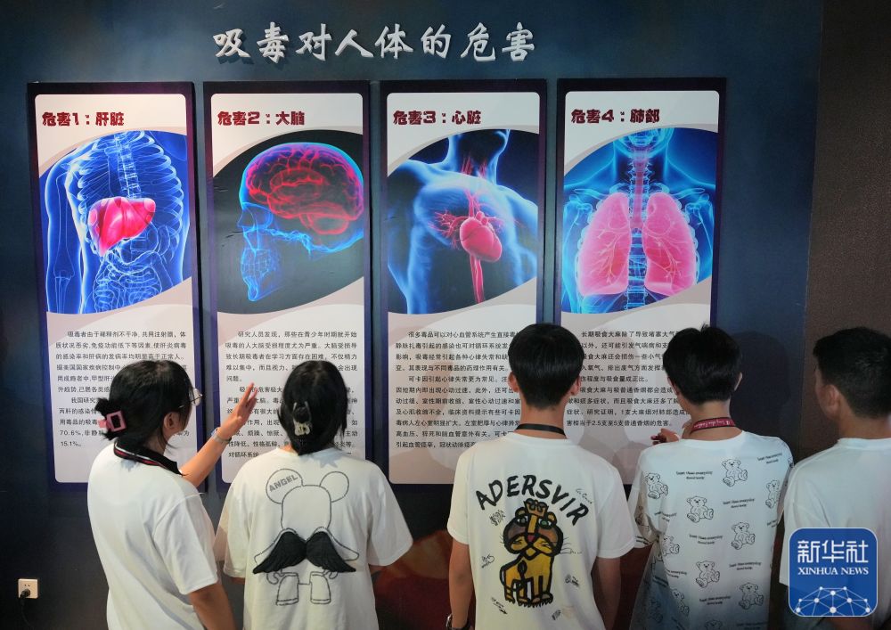 高中生在山东省烟台市牟平区禁毒教育基地了解吸毒对人体的危害