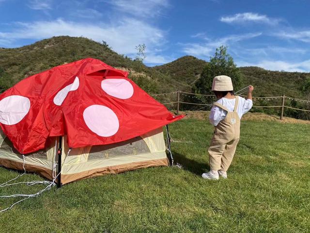 北京门头沟区斋堂镇叶脉山野营地,孩子在草坪上搭帐篷.图/资料图片