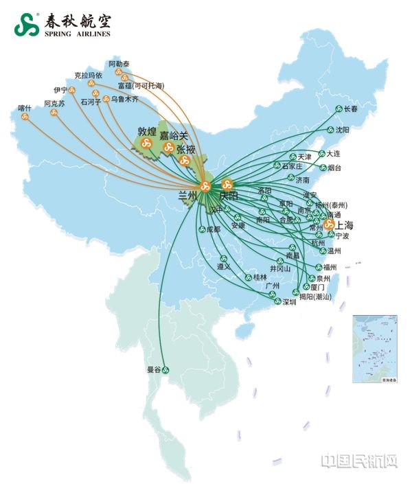 春秋航空从甘肃各机场通达的各地航点(春秋供图)