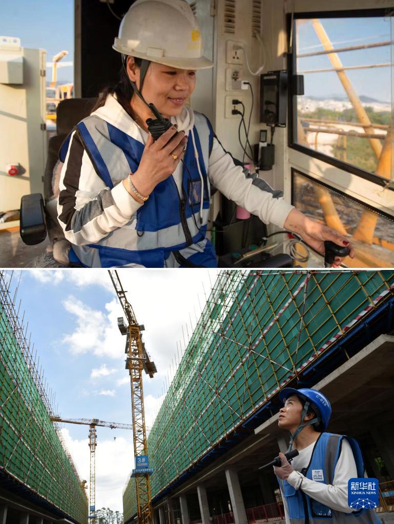 拼版照片:上图为张军丽在空中操作塔吊;下图为张坦在塔吊下指挥(6月29