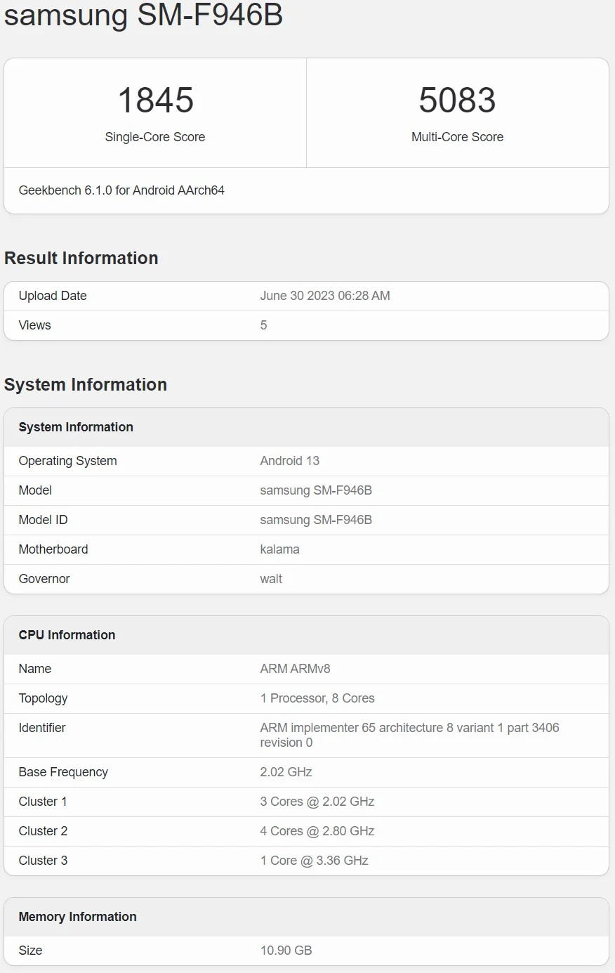 三星 Galaxy Z Fold 5 手机现身 Geekbench，预装安卓 13 零星