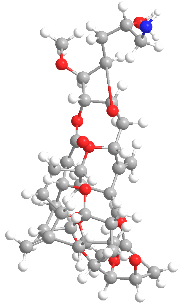 蓝色：N；红色：O；白色：H；灰色：C