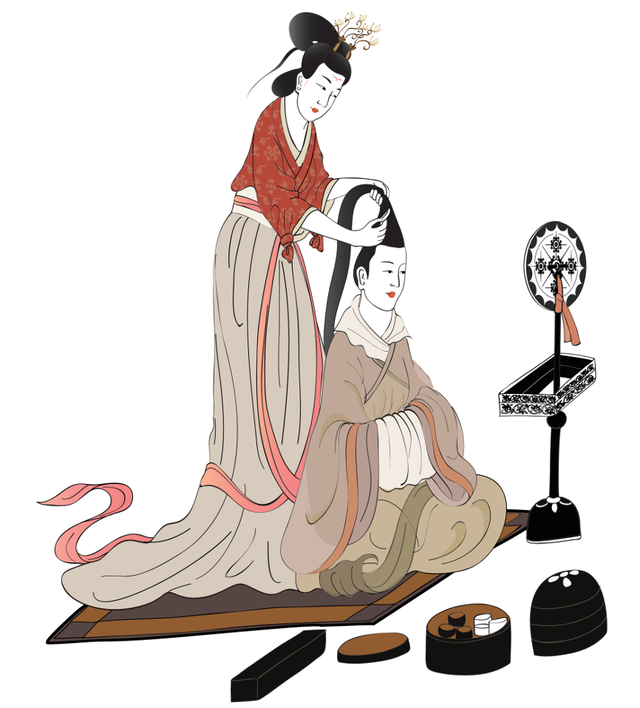 《女史箴图》中的第四段画面:梳妆图,东晋绢本绘画,唐代摹本,现藏于