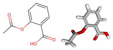 图1：cc(=o)oc1=cc=cc=c1c(=o)o的2D分子图（左）和3D构象图（右）。