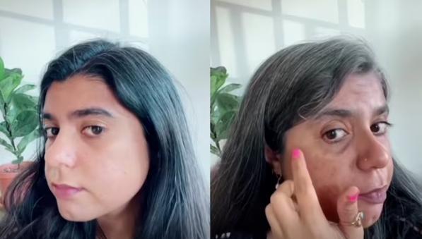 一名女子使用变老滤镜效果对比(图源:《华盛顿邮报》视频截图)