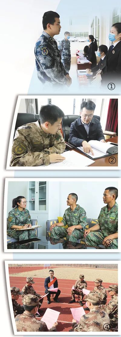 图①:福建省漳州市芗城区司法局工作人员到空军某部开展普法宣传.