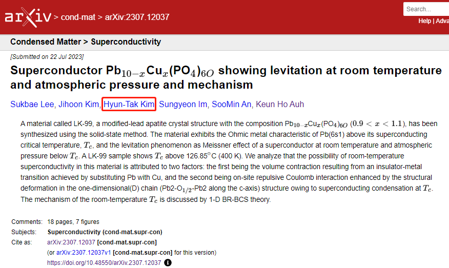 《超导体Pb10-xCux(PO4)6O在室温常压下表现出悬浮现象及其机理》（图片来源：arXiv）