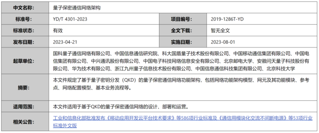 今起！量子保密通信领域三项行业标准正式实施