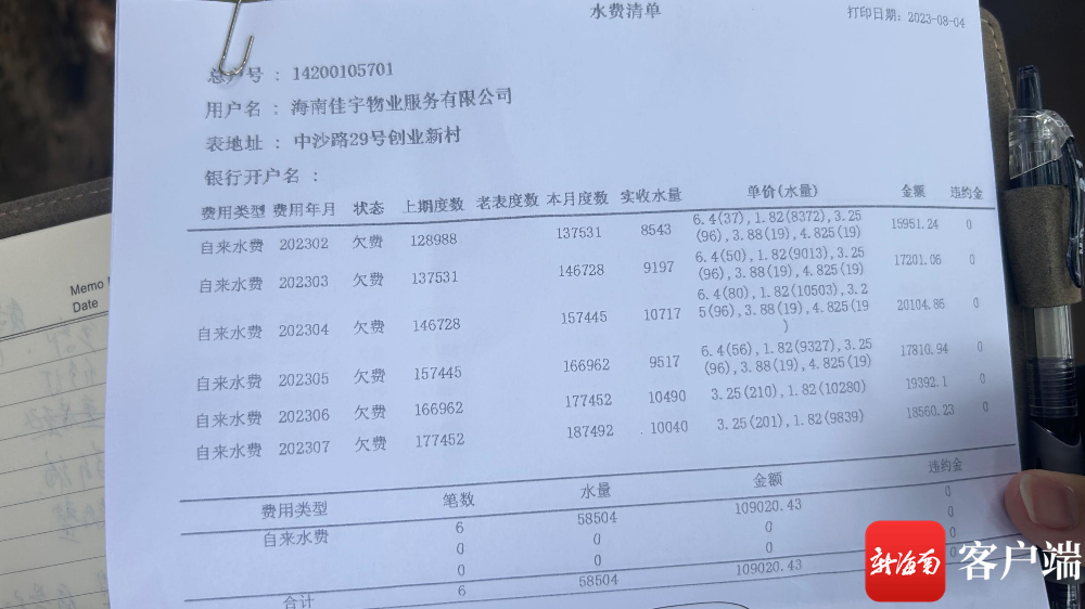 海南佳宇物业服务有限公司欠缴水费明细。见习记者 袁玉龙 摄
