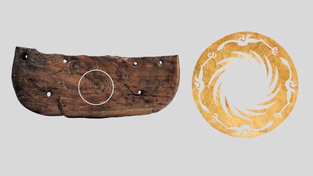 左图为河姆渡遗址出土的双鸟朝阳纹牙雕,右图为金沙遗址出土的太阳