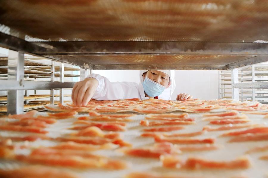 工人在山东省青岛西海岸新区大场镇一家宠物食品企业车间加工出口宠物