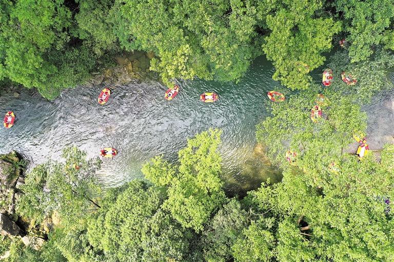 游客在镇远县体验穿梭在原始森林的高过河漂流. 邹渝 摄