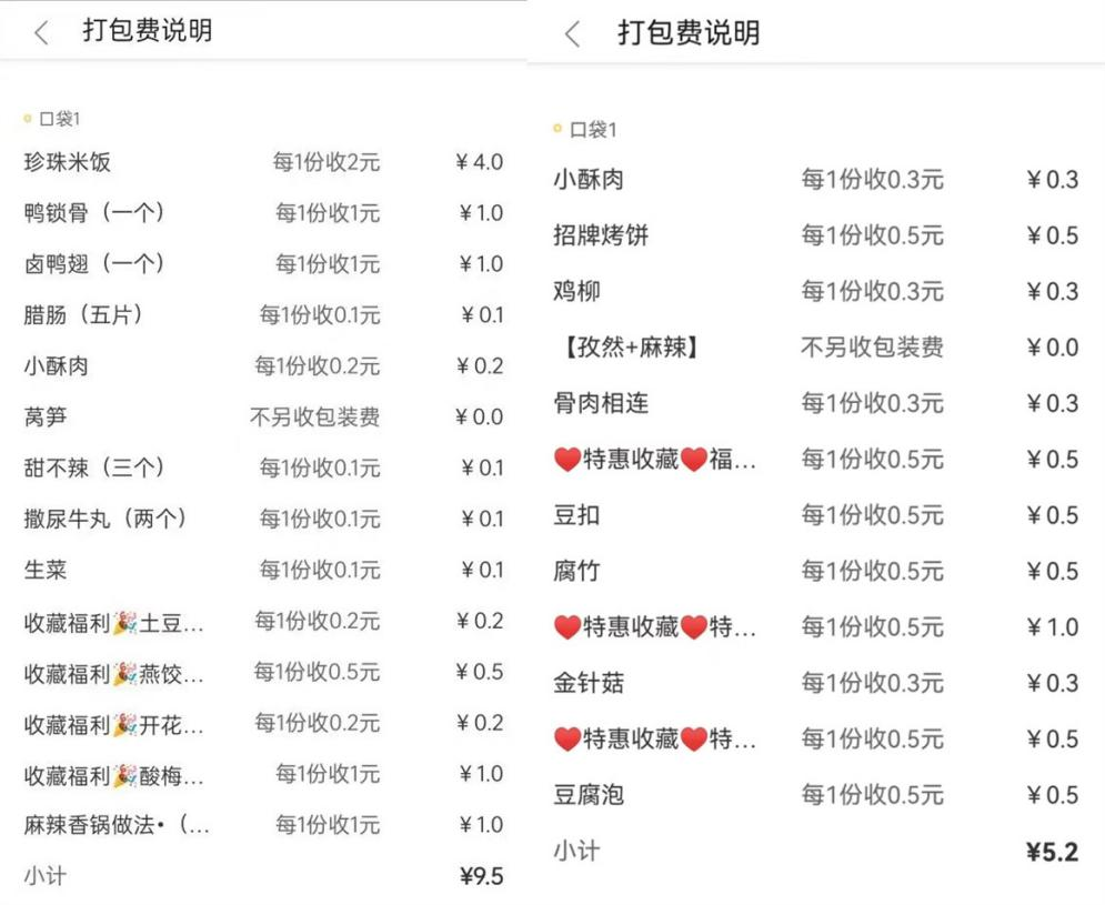 消费者包装费用收取明细（受访者供图）