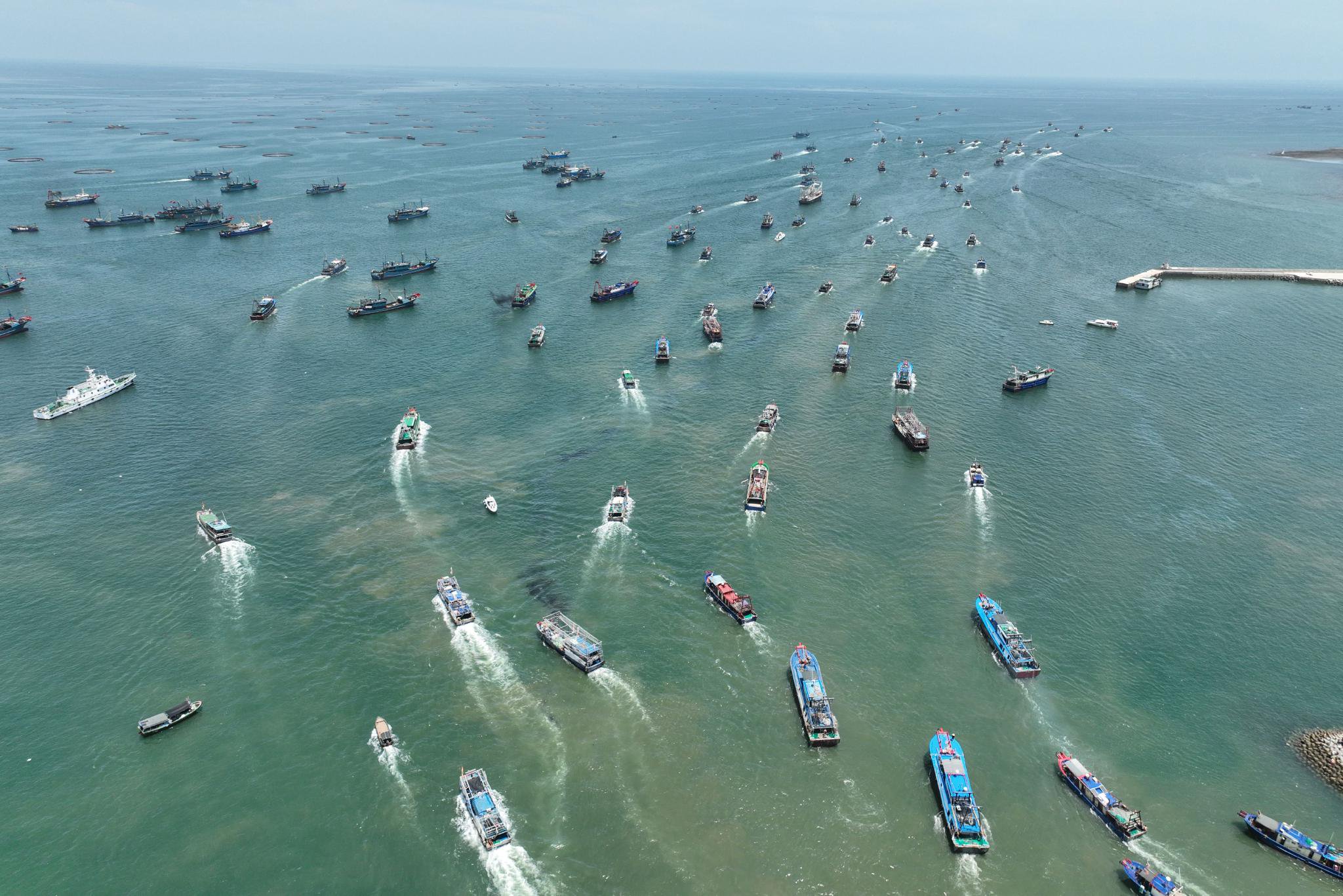 8月16日,海南临高县新盈港的渔船驶向南海(无人机拍摄).
