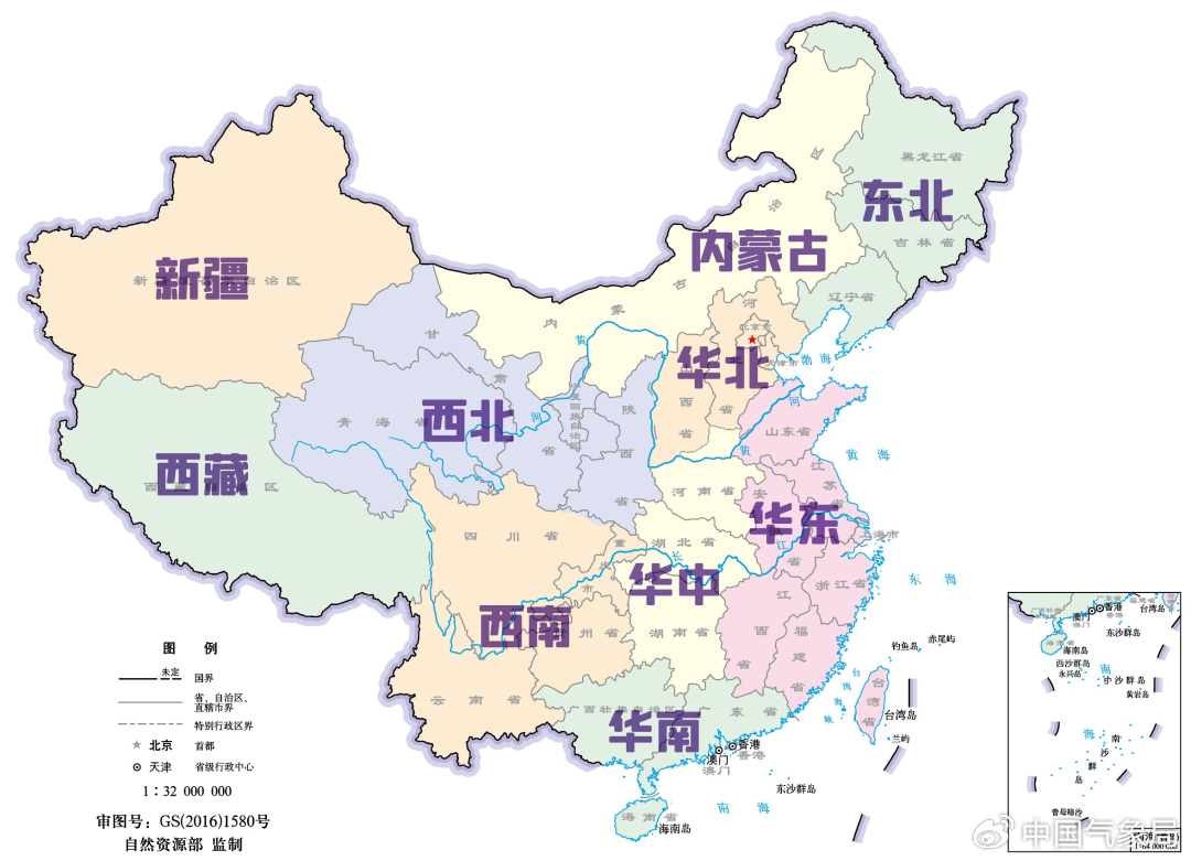 中国陆地气象地理一级地区区划图   底图审图号：GS（2016）1580号  制图：赵淼