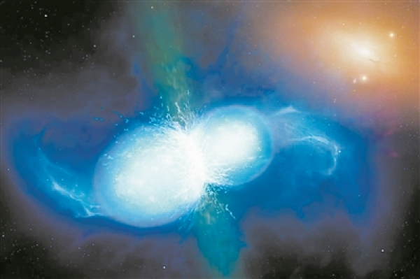 两颗中子星碰撞(艺术图).图片来源:英国华威大学