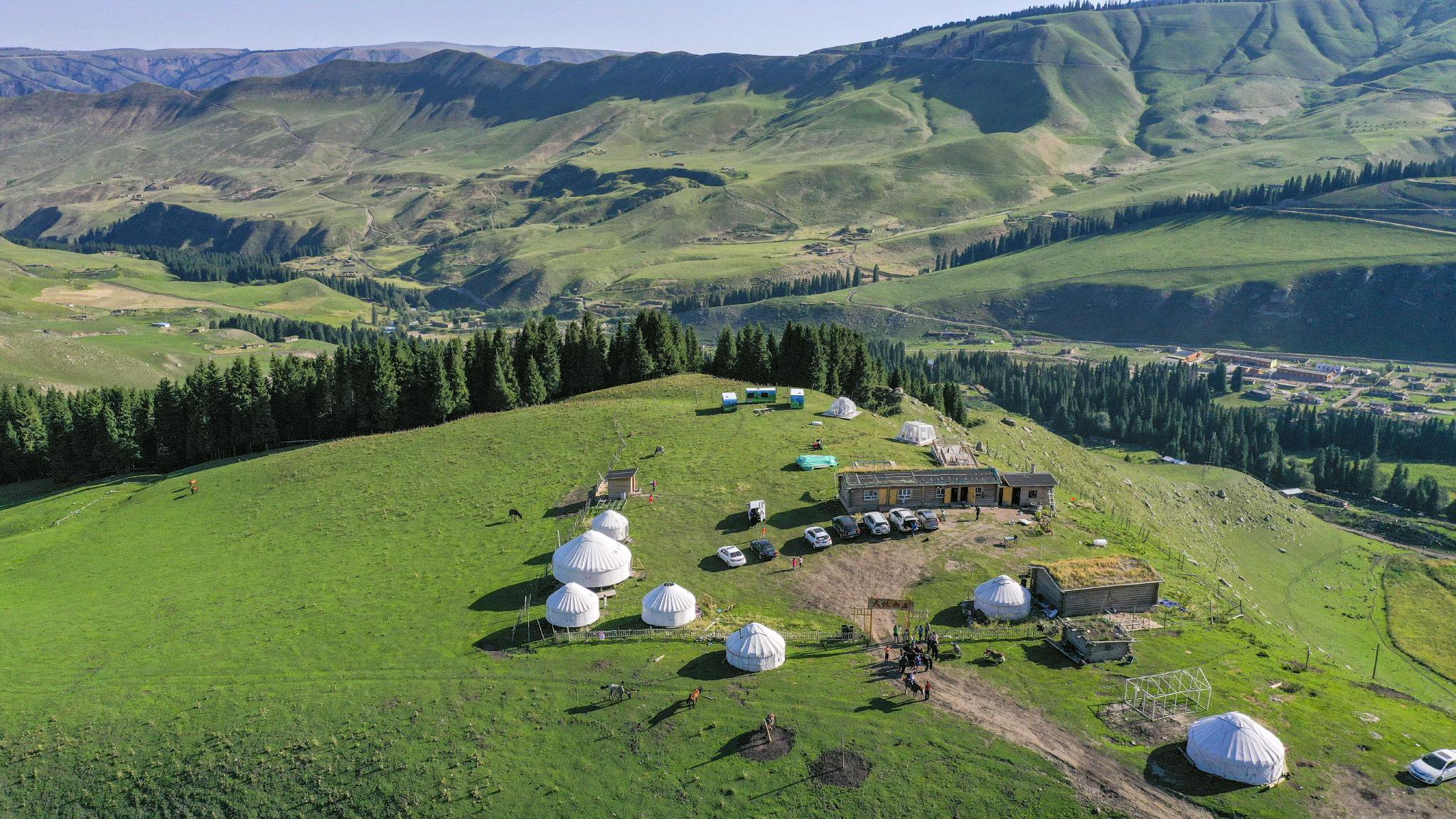 新疆特克斯县喀拉达拉镇琼库什台村的一处"牧家乐"(无人机照片,2019年