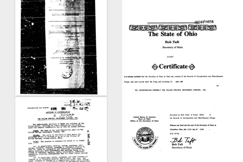 1949年YSI工厂注册原件复印件（左），工厂1996年的更名证书（右）
