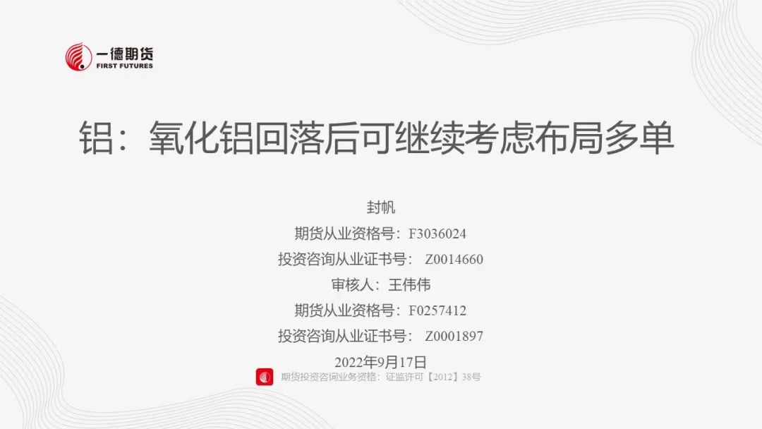 铝：氧化铝回落后可继续考虑布局多单